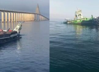 Empurrador naufraga próximo à Ponte Phelippe Daou e cena viraliza nas redes sociais em Manaus