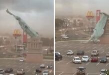 VÍDEO: Estátua da Havan desaba durante forte temporal no Rio Grande do Sul