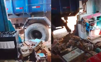 Caçamba da limpeza pública atinge casa, causa destruição e fere moradora no Amazonas