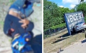 Carro desgovernado atinge motociclista e bate em placa de sinalização em Manaus