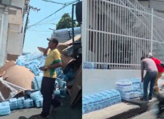 Caminhão carregado de água tomba durante curva e espalha carga na Zona Sul de Manaus