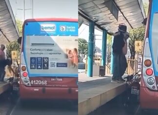 Motoqueiro tem a moto prensada entre ônibus e plataforma na Grande Circular em Manaus