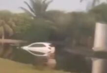 Carro perde o controle e vai parar dentro de lago de motel em Manaus