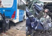 Jeep Renegade fica com a frente destruída em colisão com ônibus em Manaus